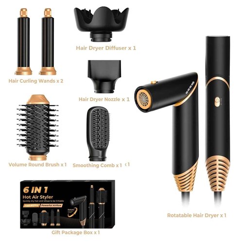 6 in 1 Hair Dryer Brush, Foldable Blow Dryer Brush with Wrap Curler, Detachable Air Hair Styler Curling, Drying,Volumizing, Straightening, Negative Ionic Hair Dryer with Diffuser, Hair Styling Tools