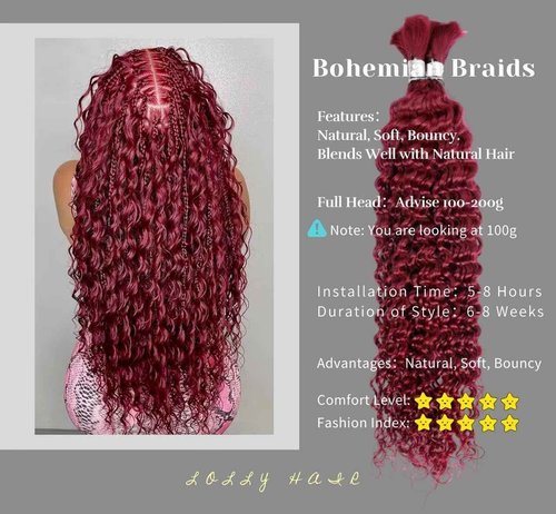 Ubinica Color Burgundy Deep Wave Human Braiding Hair for Boho Braids 2 Bundles Total 100g 24 Inch Deep Wave Bulk Braiding Hair for Boho Braids