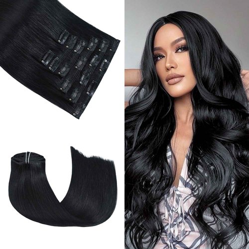 Honsoo Black Hair Extensions Clip in Real Human Hair Extensions Jet Black 20in 120g 7Pcs Long Straight Soft Hair Extensions For Black Women