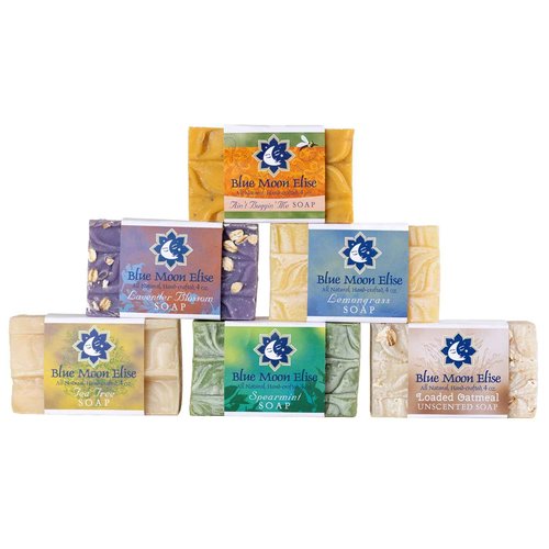 Blue Moon Elise All Natural Soap Bars Variety 6-Pack, Made with Organic Ingredients, Handmade in the USA, Moisturizing and Therapeutic for Face & Body, Sensitive Skin, Men & Women