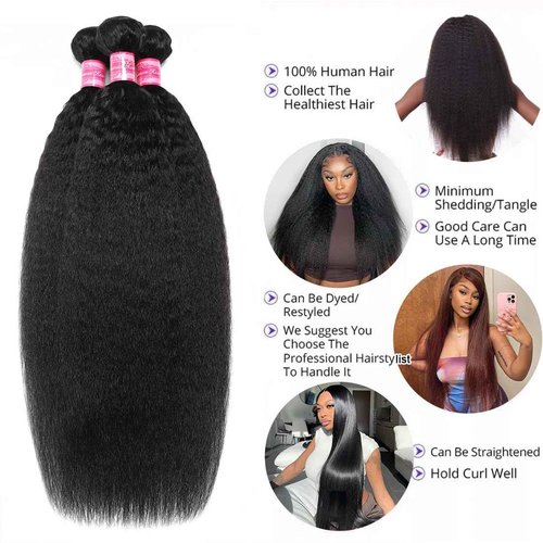 Brazilian Kinky Straight Bundles Human Hair(18 20 22 Inch)12A 100% Unprocessed Brazilian Virgin Human Hair Yaki Straight 3 Bundles Quick Weave for Black Women Natural Color