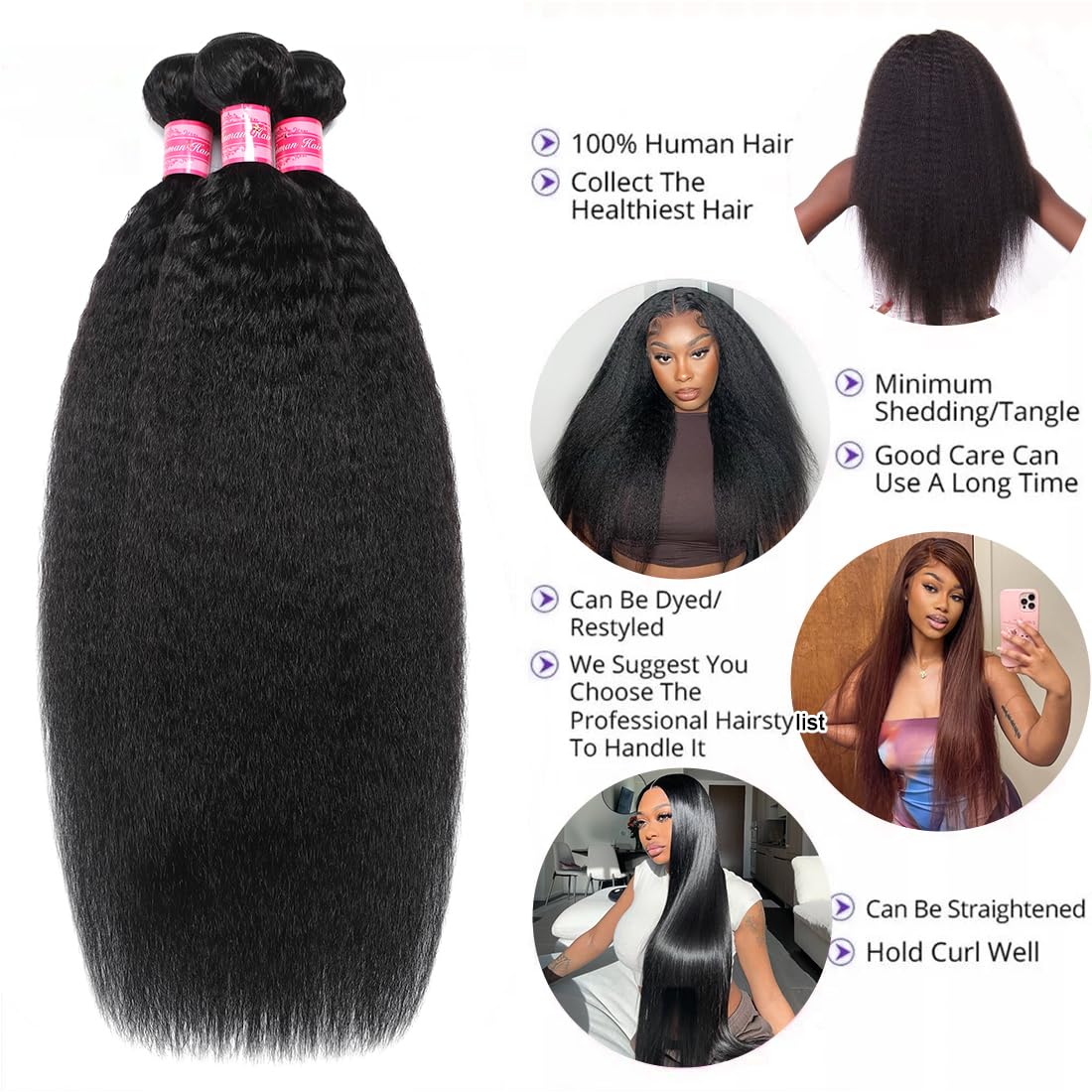Kinky Straight Human Hair Bundles(14 16 18 Inch)100% Unprocessed Brazilian Virgin Human Hair 12A Yaki Straight 3 Bundles Hair Weft Sew In for Black Women Natural Color