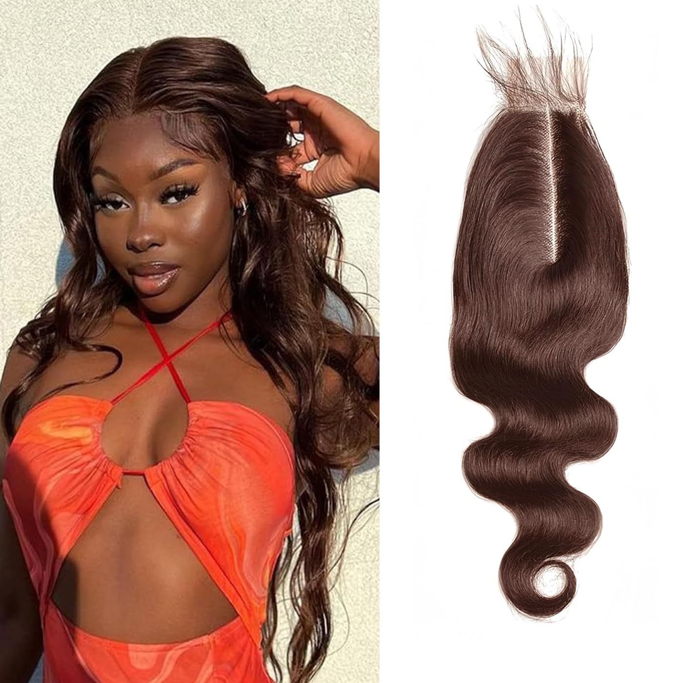 #4 Brown Human Hair Closure Transparent Lace 2x6 Brown Body Wave Closure Pre Plucked Deep Part 100% Unprocessed Human Virgin Hair Wet And Wavy 18 Inch