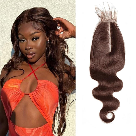 #4 Brown Human Hair Closure Transparent Lace 2x6 Brown Body Wave Closure Pre Plucked Deep Part 100% Unprocessed Human Virgin Hair Wet And Wavy 18 Inch