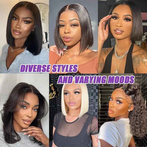 MUXFILLA 14 Inch Bob Wig Human Hair 13x4 HD Lace Front Wigs Pre Plucked Long Straight Hair Replacement Lace Frontal for Black Women 200% Density Glueless with Elastic Band, Nature Black