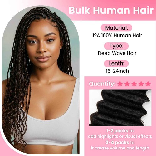 WOWANGEL Human Braiding Hair For Boho Braids 100g,100% Unprocessed Brazilian Virgin Hair, 12A Deep Wave Knotless Bohemian Bundles, Curly Hair Extensions,2 Bundles,Natural Black(1B),22 Inch