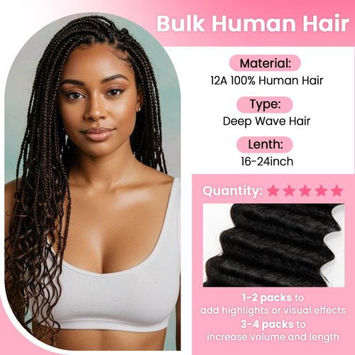 WOWANGEL Human Braiding Hair For Boho Braids 100g,100% Unprocessed Brazilian Virgin Hair, 12A Deep Wave Knotless Bohemian Bundles, Curly Hair Extensions,2 Bundles,Natural Black(1B),24 Inch