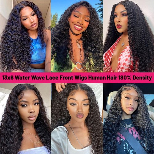 Water Wave Lace Front Wigs Human Hair 13x6 Full Frontal HD Transparent Human Hair Lace Front Wigs for Women 180% Density Deep Curly Human Hair Wigs Wet And Wavy Pre Plucked with Baby Hair 18Inch