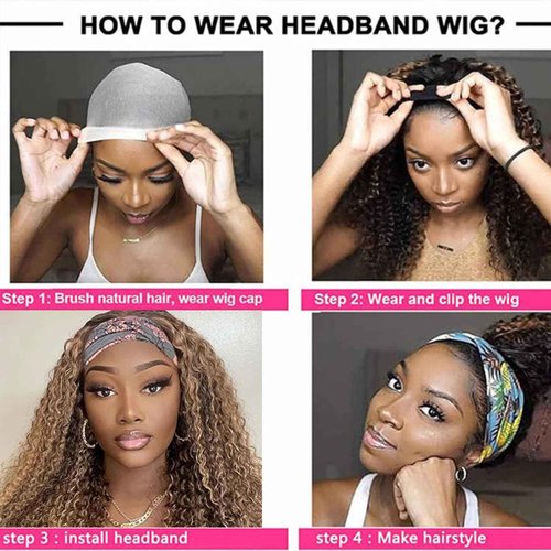 Ombre Highlight Headband Wig Human Hair #4/27 Colored Kinky Curly Headband Wig for Black Women Glueless None Lace Front Human Hair Wigs Brazilian Virgin Hair Wear and Go Wigs 150% Density 26 Inch