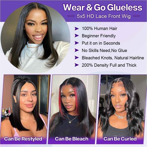 Ailwelia Wear and Go Glueless Bob Wig Human Hair 200% Density 5x5 HD Lace Closure Wigs For Black Women Glueless 5x5 Closure Wigs Human Hair Pre Plucked Bob Black Color 18 Inch