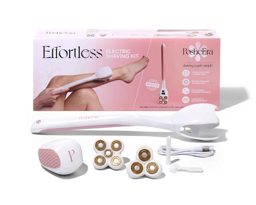 PosheEra Self-Care Shave Kit | Friction-Fit Handle for Easy Reach & Comfort | 3 & 5 Petal Shave Heads | USB Charging | Smooth