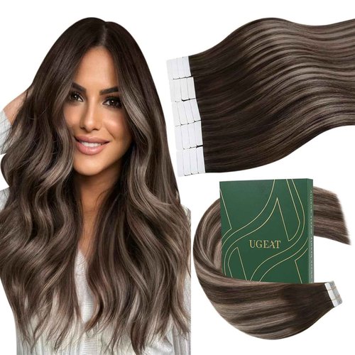 Ugeat Ombre Tape in Hair Extensions Human Hair Ombre Tape in Hair Extensions Balayage Dark Brown Mix Ash Brown Quick Wear for Daily Life 20 Inch 50G 20Pcs