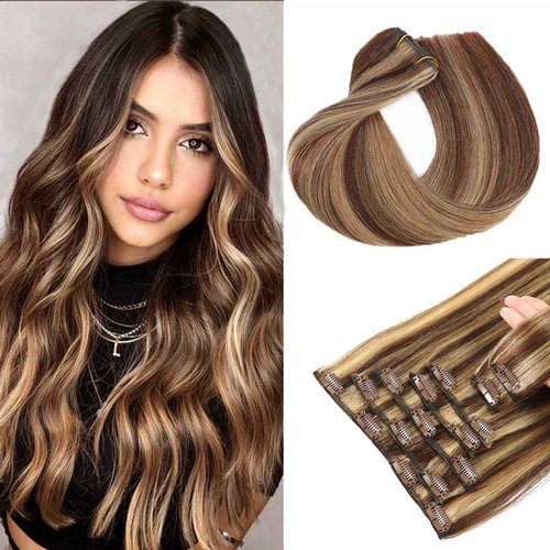 Houlud Straight Human Hair Clip in Extensions 22 Inch 120g 7pcs Clip in Hair Extensions Brazilian Remy Human Hair 16 Clips Double Weft Human Hair For Women (22 Inch, #4p/27 Medium Brown/Dark Blonde)