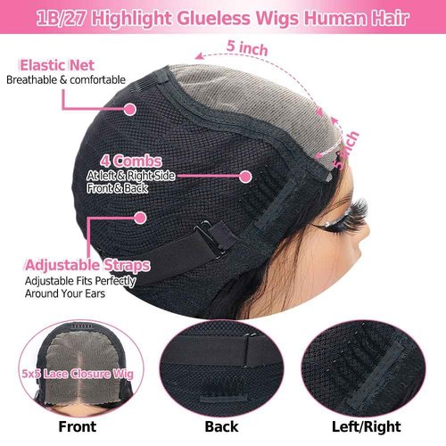 eddfine Ombre Glueless Wigs Human Hair Pre Plucked Pre Cut 5x5 Hd Lace Closure Wigs Human Hair 18 Inch 1B/27 Colored Highlight Body Wave Wigs 250% Density Glueless Wigs for Beginners