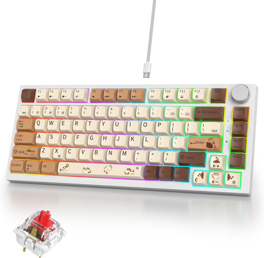 75% Mechanical Gaming Keyboard, Hot Swappable RGB Backlit Custom Keyboard with Knob, Gasket Mount USB Wired, 82 Keys White Blue Linear Red Switch (82 White Blue)