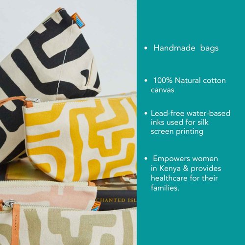 Ubuntu Life Kuba Pouch – Makeup & Toiletry Bag for Women Made with Natural Cotton Canvas, Stylish Cosmetic Bag with Kuba African Print (Black & Eggshell, Large)