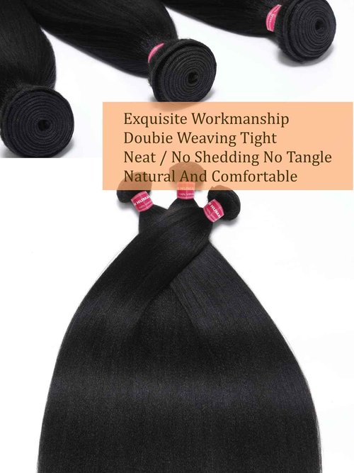 Julia Hair 12A Yaki Straight Human Hair 3 Bundles 8 10 12 Inch Unprocessed Virgin Real Human Hair Weave Extensions for Women Clip in Kinky Straight Human Hair Bundles Natural Black