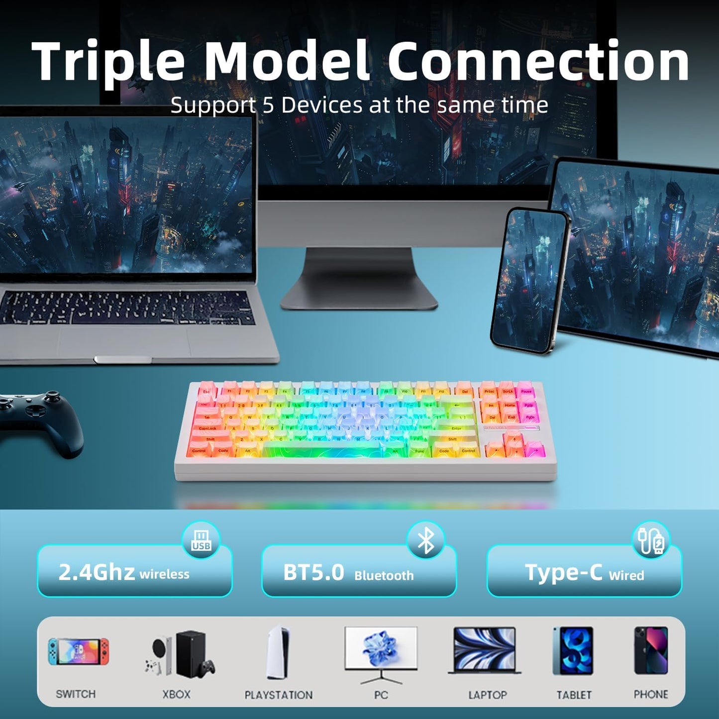 ZORNHER ZH870 Wireless Mechanical Gaming Keyboard,80% White Custom Creamy Sound Keyboard with Lighted Up IMD PBT Keycaps,Pre-lubed Linear Switches,Hot-Swappable,RGB Backlit,2.4GHz/USB-C/BT5.0