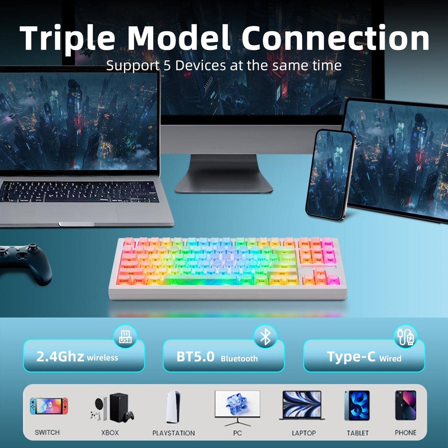 ZORNHER ZH870 Wireless Mechanical Gaming Keyboard,80% White Custom Creamy Sound Keyboard with Lighted Up IMD PBT Keycaps,Pre-lubed Linear Switches,Hot-Swappable,RGB Backlit,2.4GHz/USB-C/BT5.0