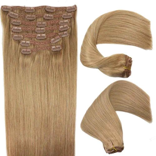 Eufficco Real Human Remy Hair Lace Clip In Hair Extensions 18inch Finsih at 18.5inch 100g Color #18 Dirty Blonde Double Wefted Thick Ends Silky Soft Long Lifespan Tangle Free Human Hair Extensions
