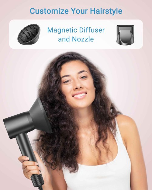 Hair Dryer, 160000 RPM Professional High Speed Ionic Blow Dryer • 500 Million Negative Ions • Intelligent Heat Control & Rapid Drying Speeds • Lightweight • Low Noise, Magnetic Diffuser & Nozzle