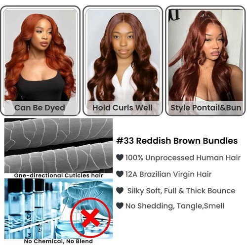 ALHER #33 Reddish Brown Body Wave 13x4 Lace Frontal Human Hair 22 Inch, Copper Brown Auburn Colored HD Transparent Lace Frontal Closure Ear to Ear 100% Virgin Remy Human Hair 150% Density