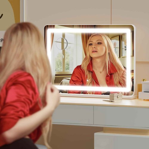 Gvnkvn Makeup Vanity Mirror with USB Charging Port 24" x 19" Large LED Makeup Mirror, Desk Mirorr with Lights, Light up Mirror with 10X Magnification and, Dimmable 3 Modes, Touch Control White