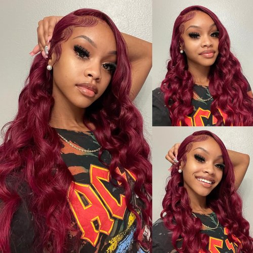 Cikana Body Wave 99j Burgundy 13x4 Lace Front Wig Human Hair 180% Density Glueless Burgundy Red Wigs Human Hair 99j Body Wave Wigs for Women 24 Inch