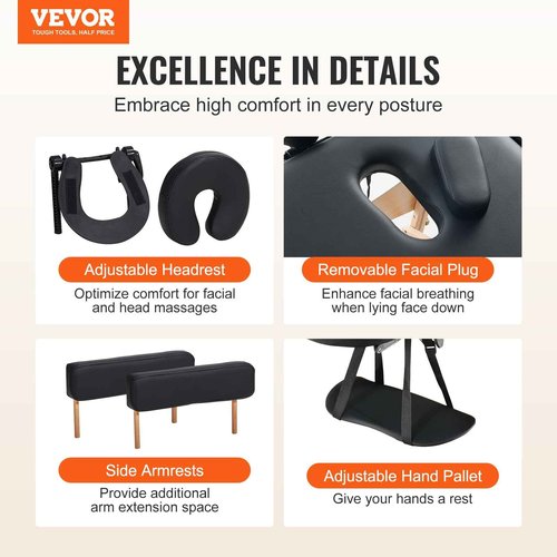 VEVOR Portable Massage Table 24" W, 2 Folding Lightweight Massage Table, 8-Level Height Adjustable Salon Tattoo Bed, Spa Table with Headrest, Armrests, Hand Pallet & Carrying Bag, 600LBS