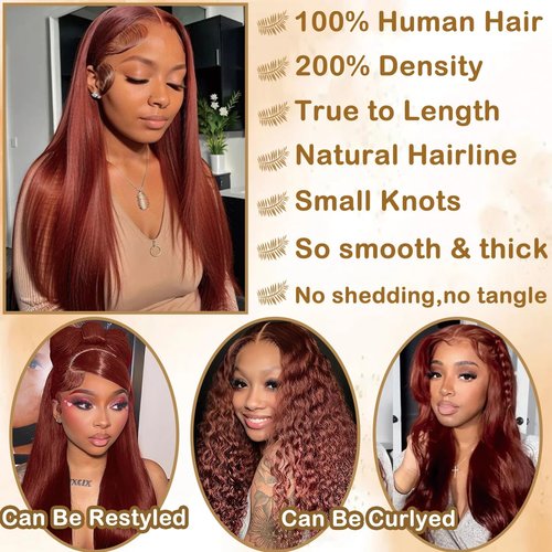 DGGDGG Reddish Brown Lace Front Wigs Human Hair Pre Plucked 200 Density Straight Lace Front Wig Human Hair 13x4 HD Lace Frontal Wig for Women