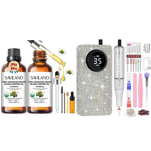 SAVILAND Professionl Nail Drill Kit & Jamaican Black Castor Oil for Hair Growth: Diamond Shiny | 35000RPM Electric Nail Drill Machine | Nail Drill Kit Professional Drill Bits Drill Nail File Buffer