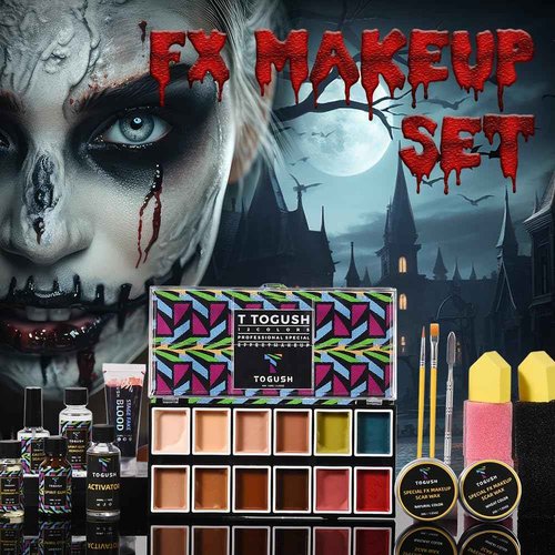 T TOGUSH Halloween Makeup Special Effects SFX Makeup Kit 12 Colors FX Palette Face Body Painting with Fake Blood,Scar Wax,Spirit Gum,Castor Sealerm,Extension Oil,for Clown makeup,Zombie