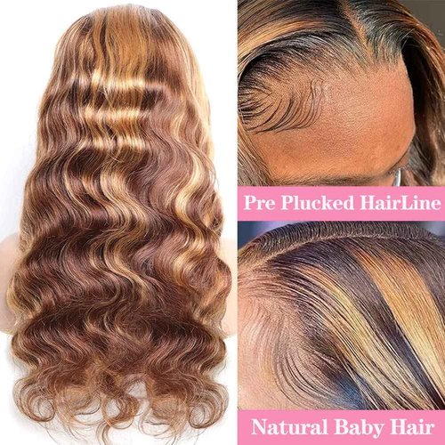 yamduly Honey Blonde Lace Front Wig Human Hair 13x4 HD Transparent 4/27 Highlight Ombre Lace Front Wigs Human Hair Pre Plucked With Baby Hair 180% Density Glueless Wig 18 Inch