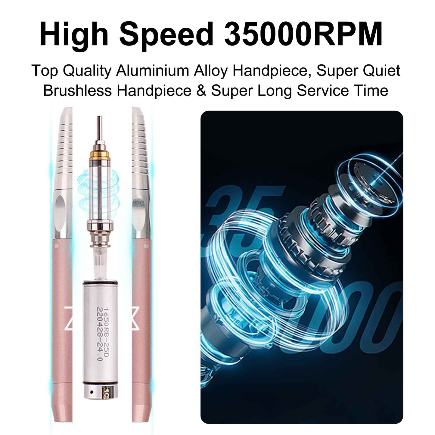 M - Max Brushless Motor Nail Drill Handpiece Only - 35K RPM | Machine Not Included | Compatible with M Brushless Nail Drill System (Handpiece - Rose Gold)