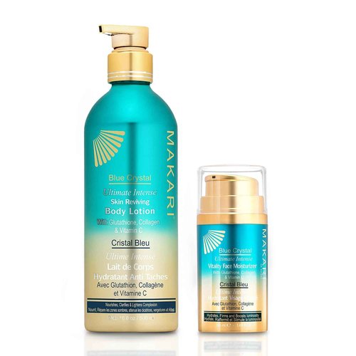 MAKARI Ultimate Intense Blue Crystal Skin Care Duo: Body Lotion (16.8 oz) & Face Moisturizer (50 ml) | Glutathione & Collagen-Enriched for Hydrating, Revitalizing | Ideal for All Skin Types
