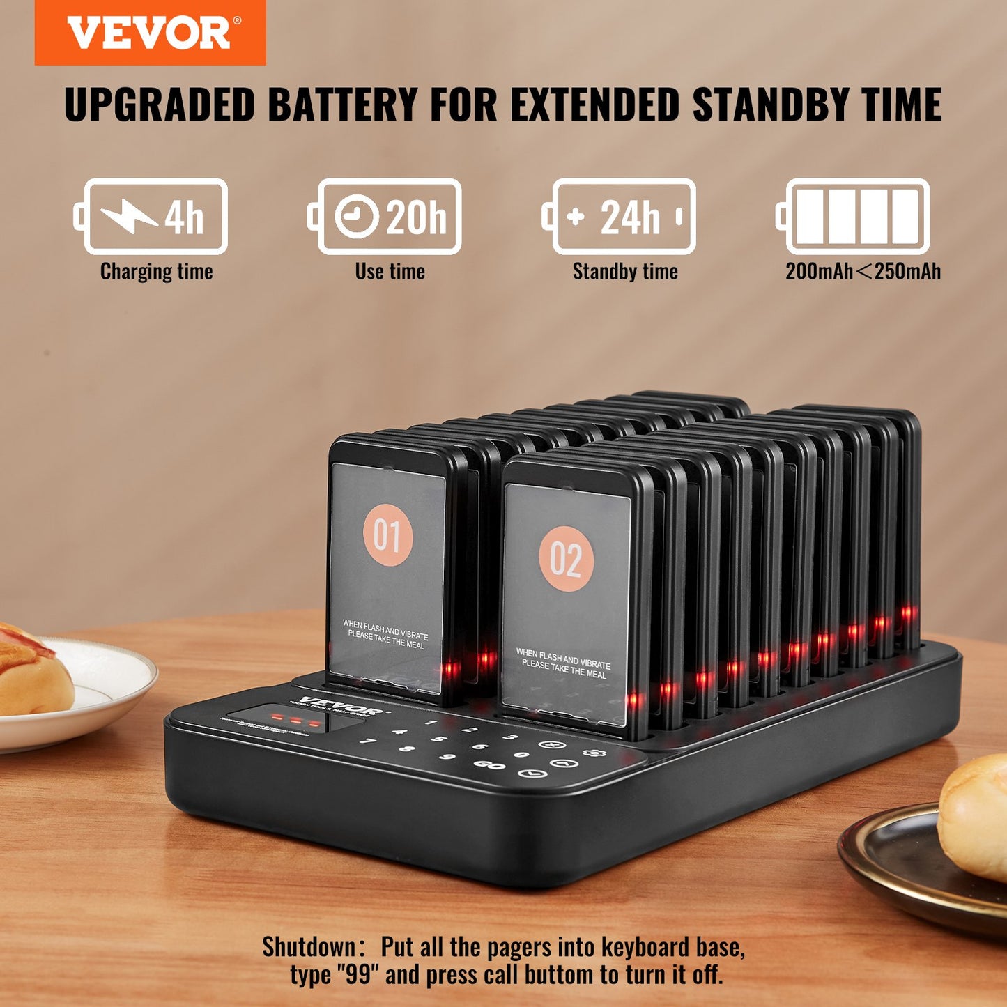 Wireless Restaurant Pager System with 20 Beepers - Black