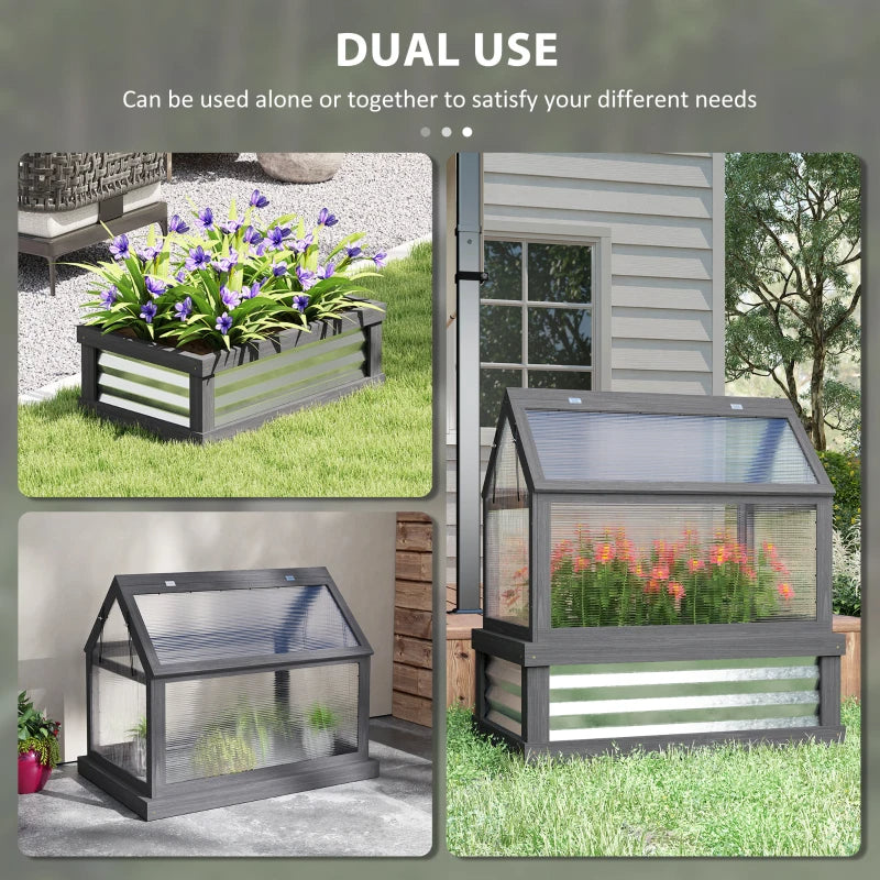 Raised Garden Bed Kit with Greenhouse - Wooden Cold Frame Planter, Gray Silver