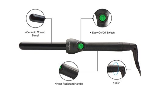 Jose Eber: Clipless Curling Iron 1" (25mm) - Black - Professional Tourmaline Ceramic Barrel, Wand Styling Tool, Ion Technology, Heat Resistant Glove