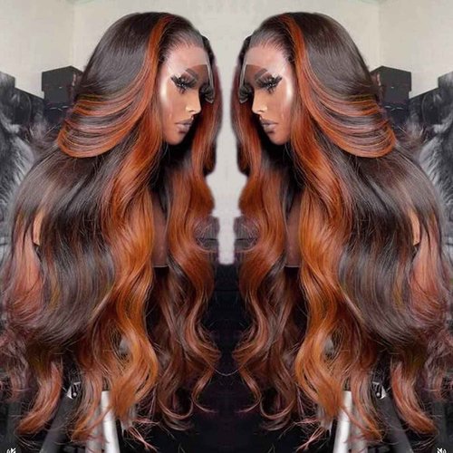 BELE Highlight 1B/350 Transparent HD 13x4 Lace Front Wig Human Hair 180% Density Reddish Brown Ombre Brazilian Virgin Body Wave Lace Front Glueless Wig Pre Plucked with Baby Hair 26inch for Women