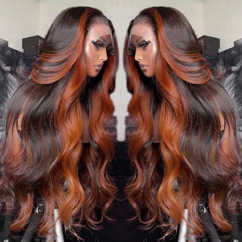 BELE Highlight 1B/350 Transparent HD 13x4 Lace Front Wig Human Hair Reddish Brown Ombre Brazilian Virgin Body Wave 180% Density Lace Front Glueless Wig Pre Plucked with Baby Hair 20inch for Women