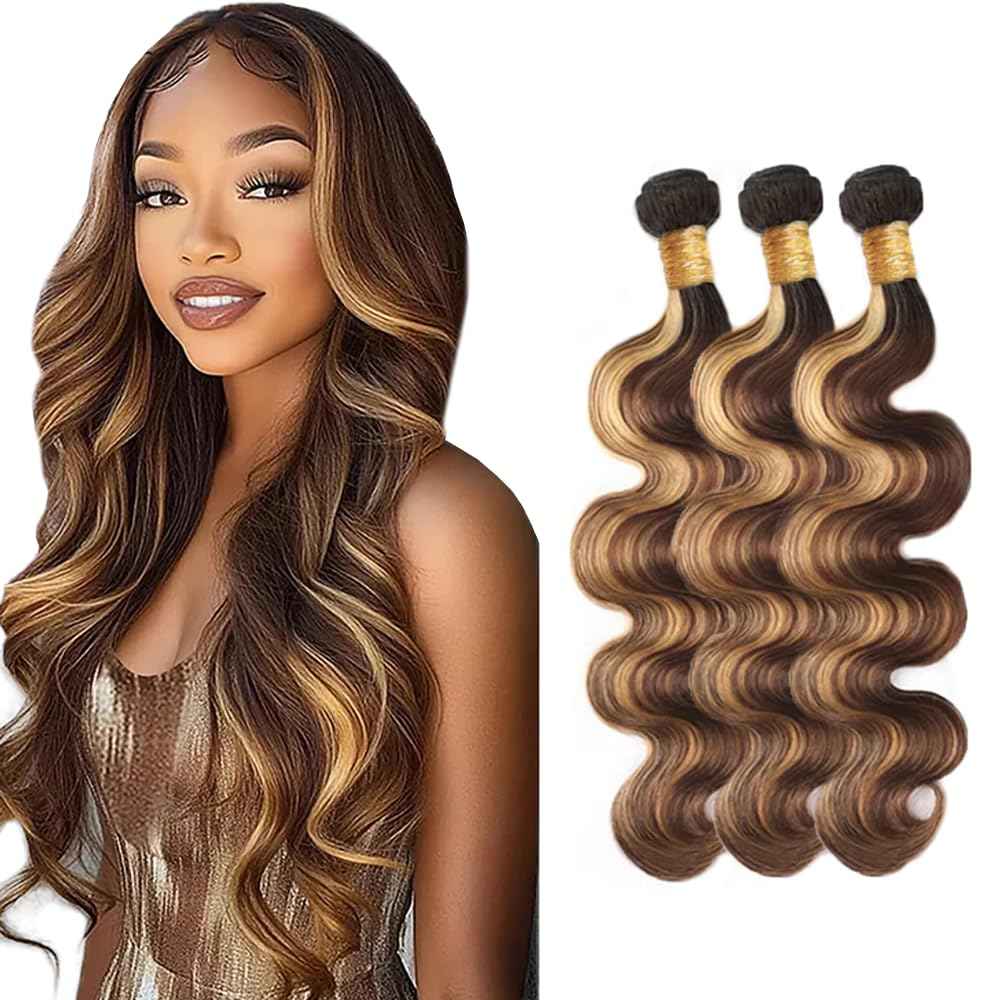 28 30 32 inch 4/27 Human Hair Bundles Ombre Brown Bundle #4 Body Wave Bundles LadrXadr Highlight Human Hair Bundle