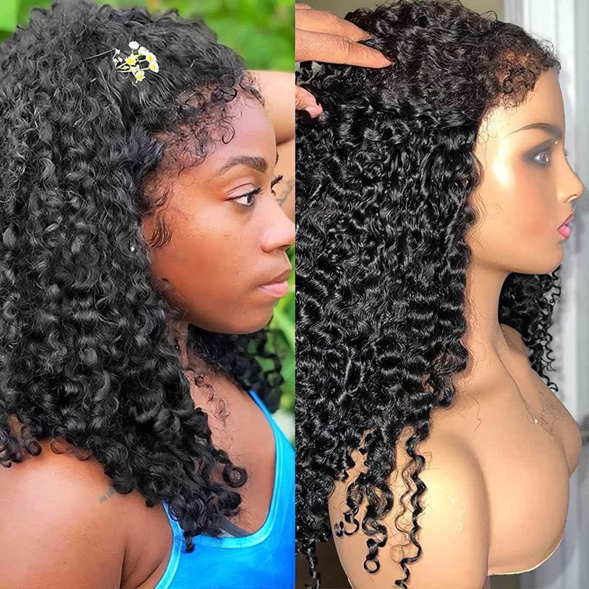 4C Edges Kinky Curly Lace Front Wigs Human Hair 13x4 HD Transparent Lace Frontal Wigs with Curly Edges Baby Hair, Deep Wave Curl Wig Pre-Plucked Hairline 180% Density 16 inch