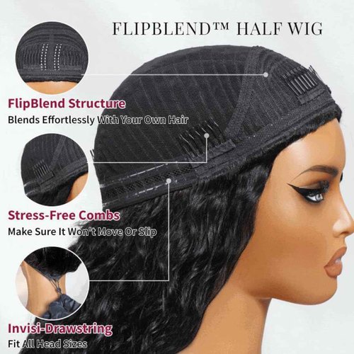UNICE Flip Over 3/4 Half Wig Human Hair Kinky Curly with Drawstring Wear and Go Glueless Half Wigs Human Hair for Women Thin & Thick Hair Friendly 150% Density 16 inch