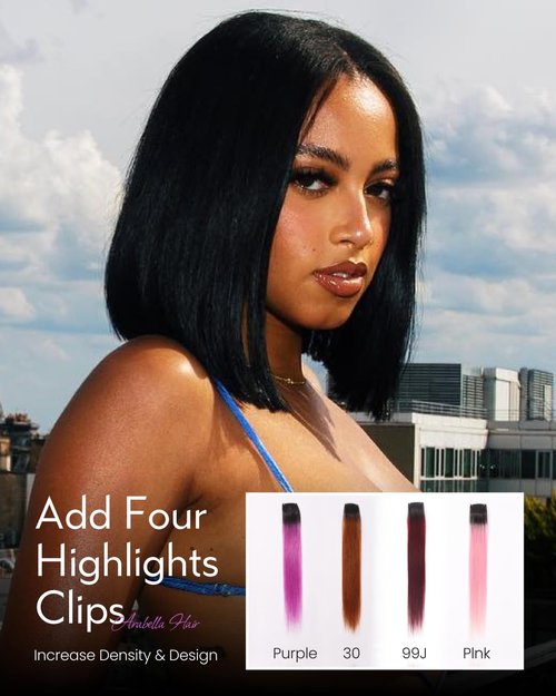 Arabella 12inch 6x6 Bob Wig Human Hair and 4 Pcs 1B/Pink Clip in Hair Extensions Ready to Go Glueless Wig Real 210% Density Straight Glueless Bob Wigs Human Hair Pre Cut Lace Pre Bleached Tiny Knots