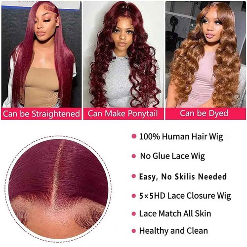 Jewhaut Wear and Go Glueless Wigs Human Hair Pre Plucked Pre Cut for Beginners 99j Burgundy Lace Front Wigs Human Hair Upgraded No Glue 5x5 HD Body Wave Lace Closure Wigs Human Hair for Women 30 Inch