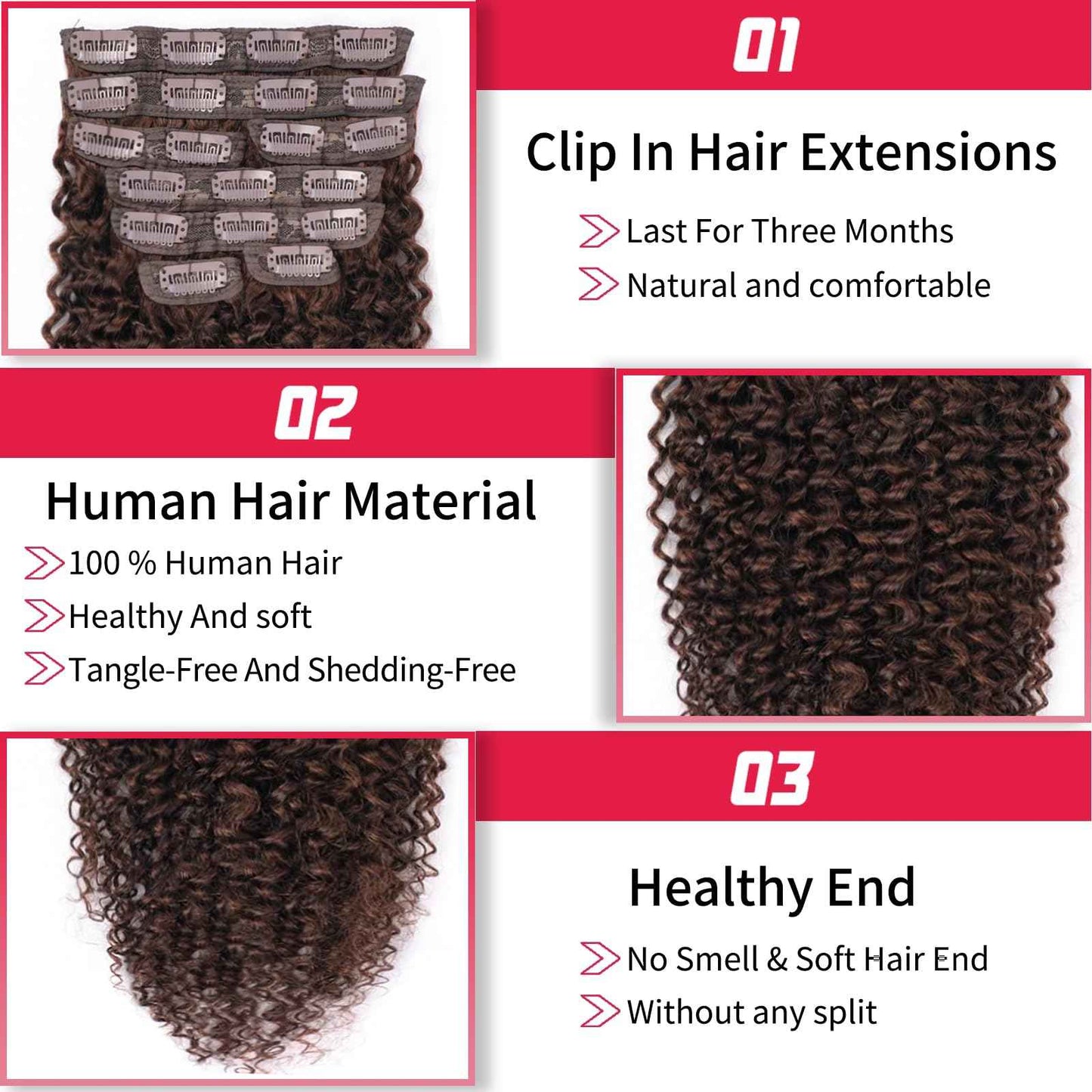 18 Inch Chocolate Brown Kinky Curly Clip Ins 110g 8pcs 3C 4A Curly Clip In Hair Extensions Real Human Hair Full Head for Women 100% Brazilian Remy Human Hair Extensions Natural Color with 20 Clips #4
