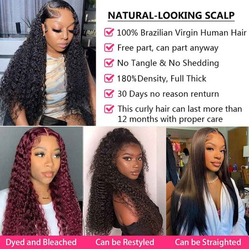 Tipiuli Deep Wave Lace Front Wigs Human Hair 13x4 HD Transparent Lace Frontal Curly Wigs for Women Human Hair 180% Density Glueless Wigs Human Hair Pre Plucked with Baby Hair Natural Color (28 Inch)