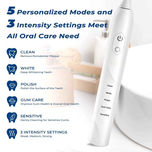 Sonic Electric Toothbrush for Adults, Rechargeable Electric Toothbrush with 6 Replacement Brush Heads, 5 Modes and 3 Intensity Levels with 2 Minutes Smart Timer Reminder Travel, Gift (Antique White)