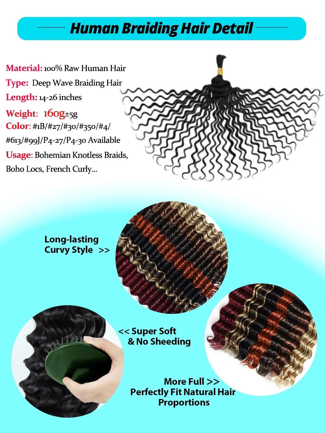 12A Human Braiding Hair for Boho Braids 5 Bundles 22 Inch 160g Deep Wave Braiding Hair for Bohemian Knotless Braids 100% Unprocessed Brazilian Virgin Bulk Hair Extensions No Weft Natural Color