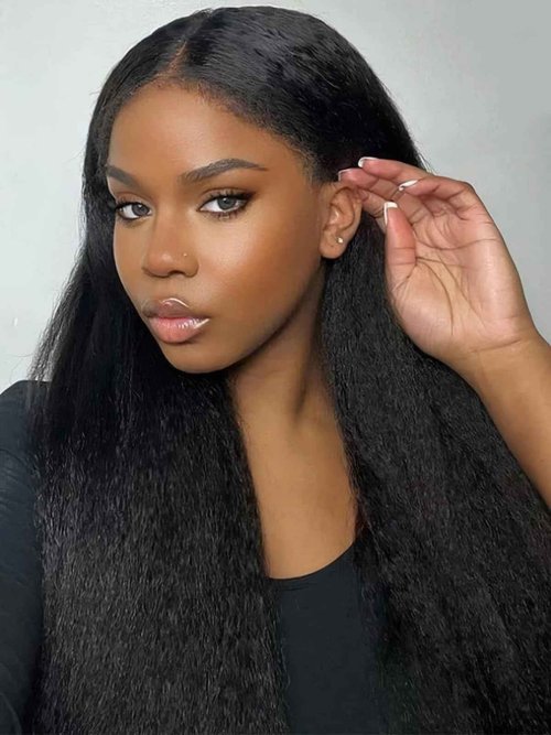 MENTOR 4C Edges Kinky Straight Lace Front Wigs Human Hair Yaki Stairght 13x4 HD Transparent Lace Frontal Kinkystraight Wigs with Curly Edges Hairline Pre-Plucked 180% Density 18 inch